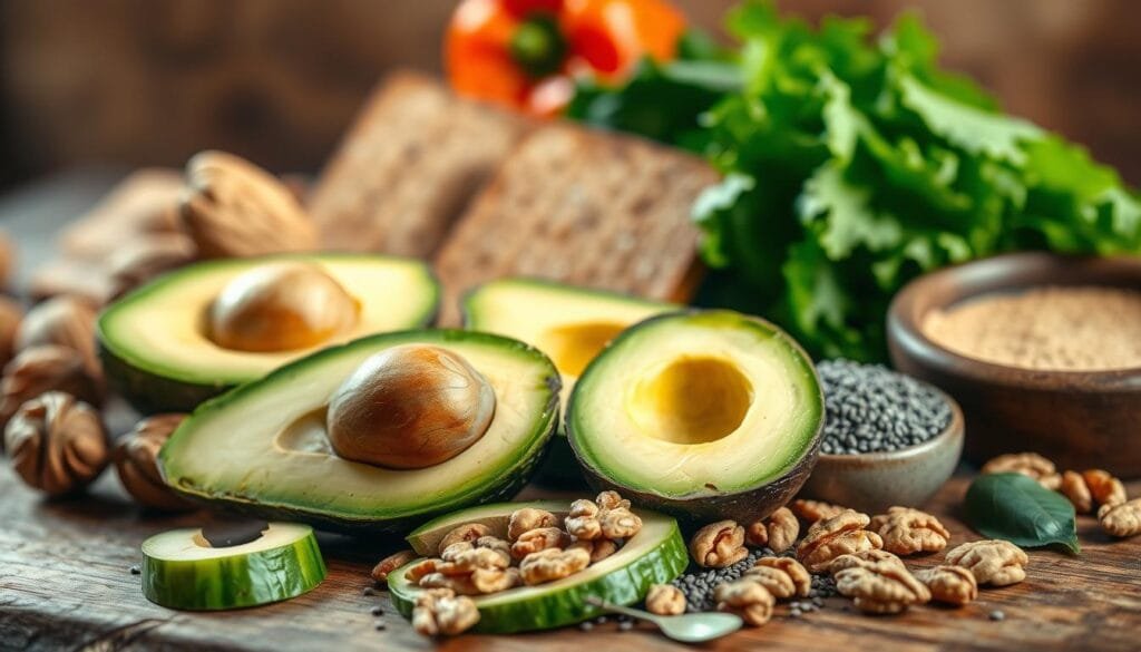 A close-up shot of an assortment of nutritious foods rich in healthy fats and fiber, arranged on a rustic wooden table. In the foreground, avocado slices, walnuts, and chia seeds are prominently displayed. In the middle ground, colorful bell peppers, leafy greens, and whole-grain bread or crackers are neatly organized. The background features a soft, natural lighting that casts a warm, inviting atmosphere, emphasizing the healthful and appetizing nature of the ingredients. The overall composition conveys a sense of balance, wellness, and the essential dietary changes needed to lower cholesterol naturally.