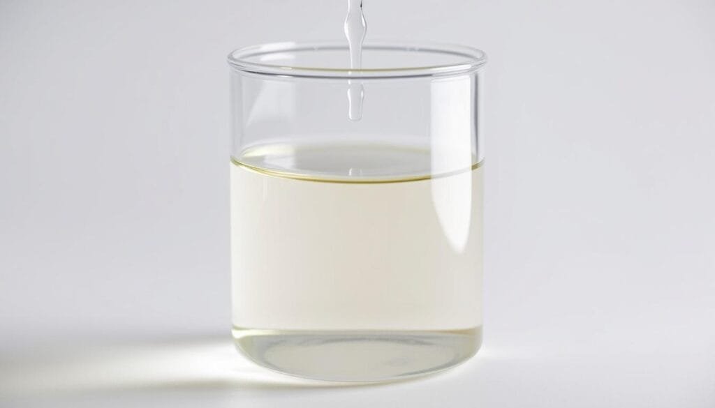A close-up view of a glass beaker filled with a translucent, pale liquid representing a highly diluted homeopathic solution. The beaker is set against a neutral, minimalist background, allowing the liquid to take center stage. Soft, diffused lighting creates a sense of ethereal calm, emphasizing the delicate nature of the preparation. The focus is sharp, capturing the intricate details of the glassware and the subtle variations in the liquid's hue. The overall composition conveys a sense of scientific precision and the meticulous process involved in creating a homeopathic dilution.