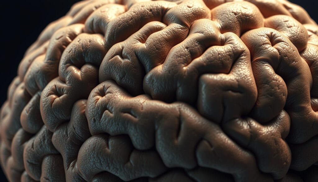 A close-up view of the visual cortex, the region of the brain responsible for processing visual information. The cortex is depicted as a complex, layered structure with intricate patterns and textures, hinting at the sophisticated neural networks that underlie human visual perception. The image is rendered in a muted, scientific color palette, emphasizing the cerebral nature of the subject matter. Subtle lighting casts shadows and highlights the depth and three-dimensionality of the cortical layers, conveying a sense of the visual system's remarkable depth and complexity. The overall tone is one of academic interest and fascination, reflecting the importance of the visual cortex in our understanding of human cognition and experience.
