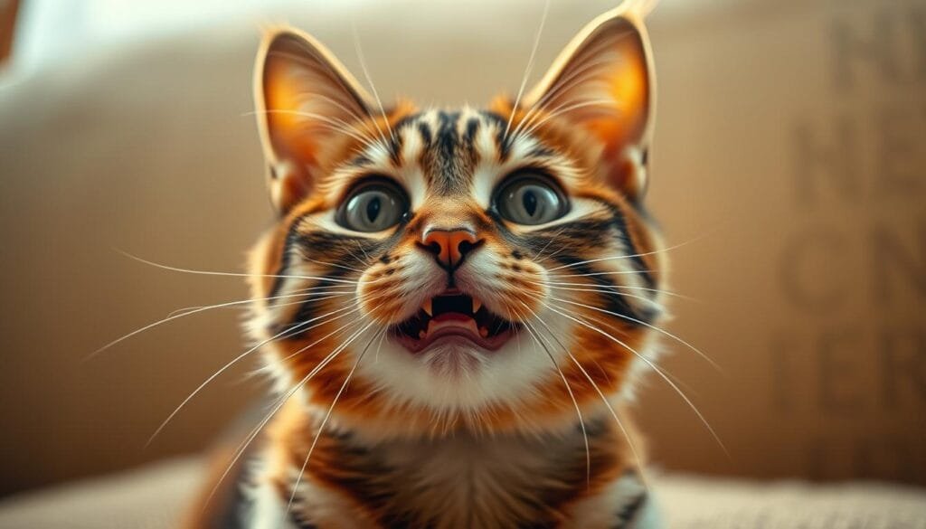 A closeup portrait of a domestic cat exhibiting a strong emotional response, captured with a shallow depth of field and warm, soft lighting. The feline's eyes are wide and alert, conveying a sense of wonder, curiosity, or perhaps playfulness. The image has a naturalistic, almost cinematic quality, with the cat's facial features and body language taking center stage against a gently blurred, textured background that suggests a cozy, comfortable indoor setting. The overall tone is inviting and endearing, capturing the essence of the emotional connection between humans and their feline companions.