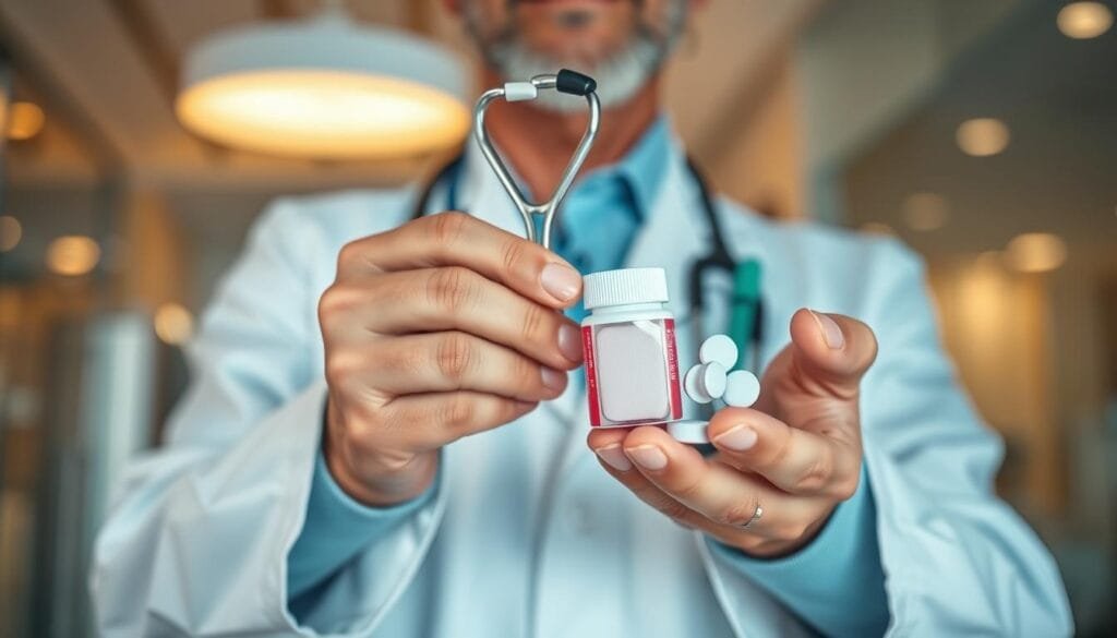 A closeup view of a physician's hands holding various medical items such as a stethoscope, thermometer, and aspirin tablets, set against a blurred background of a modern medical clinic. The lighting is warm and inviting, conveying a sense of professional care and expertise. The composition draws the viewer's attention to the medical tools, suggesting practical, doctor-recommended remedies for a hangover. The scene evokes a feeling of trust and reassurance, inviting the viewer to consider the medical advice depicted.
