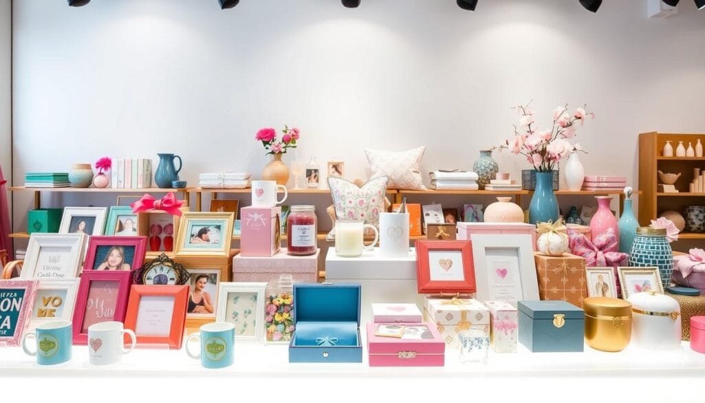 A collection of neatly arranged, visually appealing products on a bright, well-lit display. In the foreground, a variety of colorful, personalized gifts such as mugs, photo frames, and jewelry boxes. In the middle ground, a selection of popular home decor items like scented candles, decorative pillows, and artisanal vases. In the background, a clean, minimalist backdrop that showcases the products in a modern, high-end retail setting. The overall scene conveys a sense of curation, quality, and consumer-focused recommendations for the perfect Mother's Day gifts.