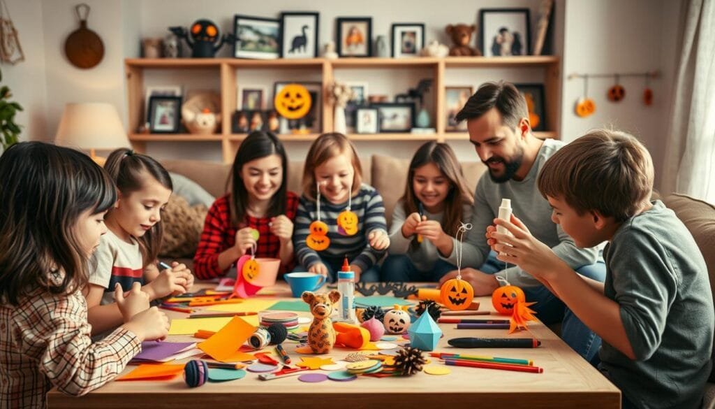 A cozy family craft session in a warm, well-lit living room. In the foreground, a group of children and adults gathered around a table, creatively assembling DIY decorations using colorful foam sheets, scissors, and glue. The middle ground shows a display of their handmade creations - playful Halloween-themed ornaments, garlands, and wall hangings. In the background, shelves filled with art supplies and family photos, conveying a sense of togetherness and the joy of creating homemade decorations. The scene is bathed in soft, diffused lighting, highlighting the focus on the shared activity and the resulting crafts. An atmosphere of creativity, bonding, and the benefits of making something unique for the home.