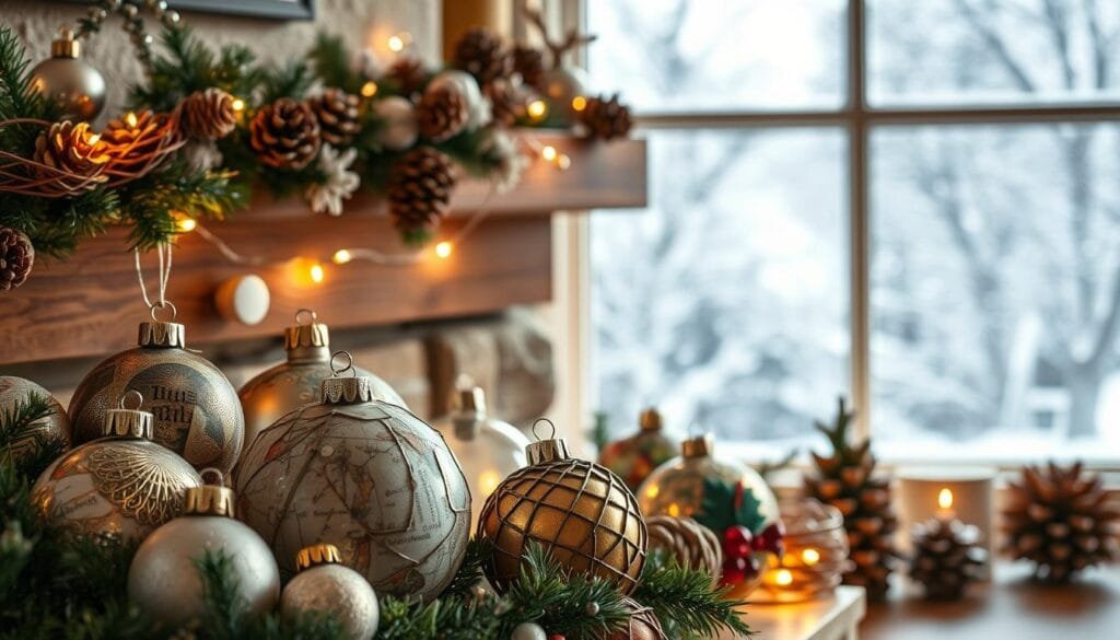 A cozy holiday scene with an array of creatively repurposed materials assembled into charming Christmas decorations. In the foreground, a cluster of ornaments crafted from recycled paper, glass, and metal, their surfaces adorned with intricate patterns and textures. In the middle ground, a garland of twisted wire and pinecones winds its way across a wooden mantel, casting a warm, rustic glow. In the background, a window reveals a snowy winter landscape, the softly falling flakes adding a sense of tranquility to the composition. The lighting is soft and diffused, creating a serene, inviting atmosphere. Captured with a wide-angle lens to showcase the full scene, the image conveys the joy and inspiration of sustainable, homemade holiday décor.