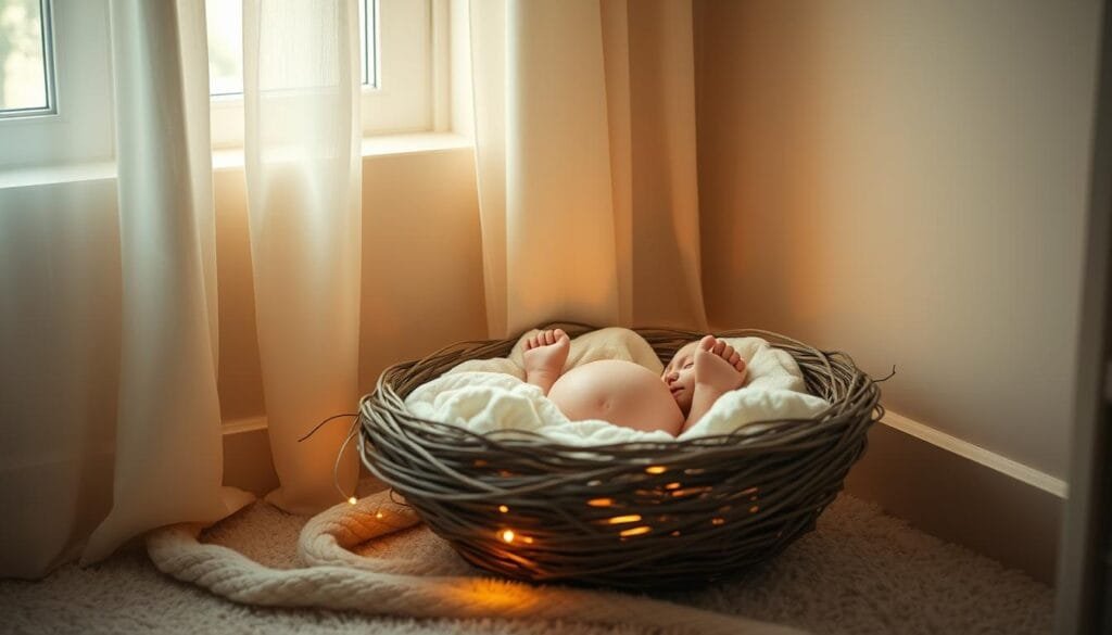 A cozy, inviting nest tucked in the corner of a serene nursery, illuminated by soft, warm lighting. Delicate fabrics and plush textures create a comforting, almost cocoon-like atmosphere, inviting the expectant mother to nestle within. Subtle shades of cream, beige, and muted pastels evoke a sense of tranquility and anticipation. The nest is positioned near a window, allowing natural light to filter in, casting a gentle glow on the surroundings. The overall scene conveys the instinctual drive to create a safe, nurturing space in preparation for new life.