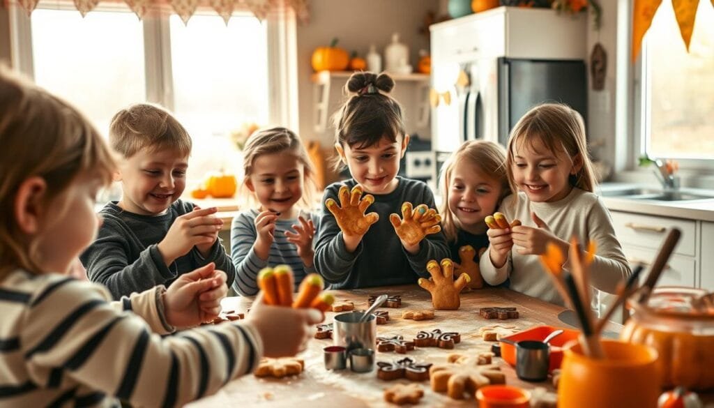 A cozy kitchen scene, vibrant with the energy of children baking Halloween treats. In the foreground, a group of joyful kids, their tiny fingers decorating gingerbread witches' fingers with colorful icing. Warm, soft lighting bathes the scene, casting a gentle glow on their excited faces. In the middle ground, a table overflows with baking supplies - rolling pins, measuring cups, and an array of spooky-themed cookie cutters. The background reveals a cheerful, family-friendly kitchen, with pumpkin-themed decor and a view of a crisp autumn day outside the window. The atmosphere is one of playful creativity, as the children embrace the magic of Halloween through their culinary explorations.