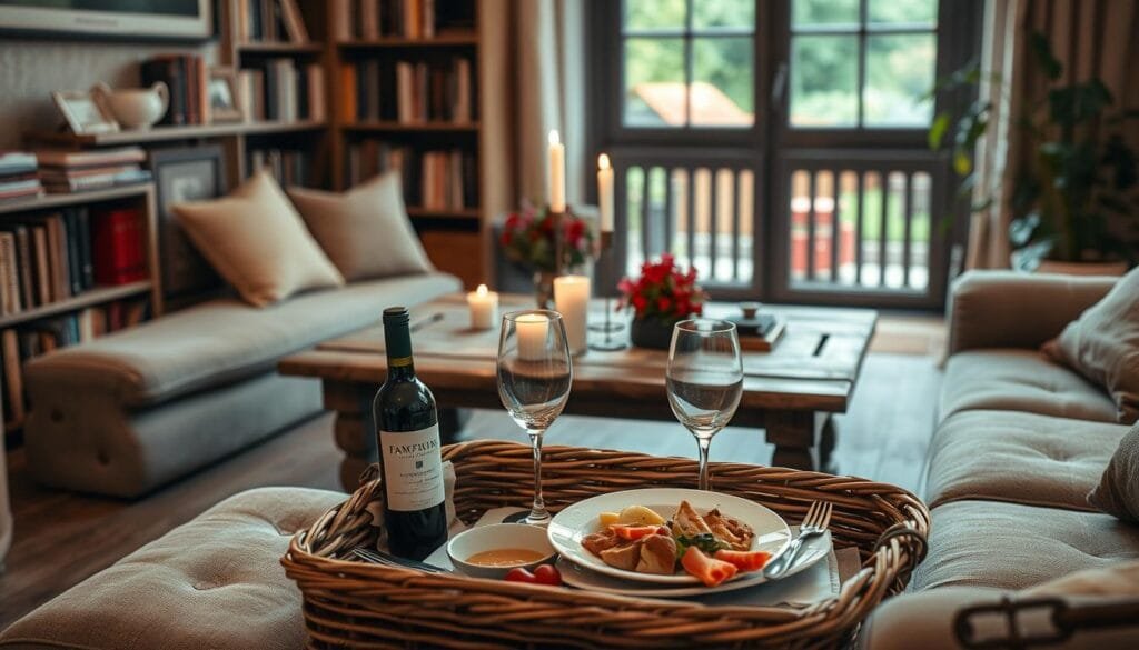 A cozy, softly lit living room setting. In the foreground, a neatly laid out picnic basket with a bottle of wine, two wine glasses, and a simple yet elegant meal for two. In the middle ground, a weathered wooden table with a pair of candles casting a warm glow. The background features a bookshelf filled with well-worn volumes, and a large window overlooking a serene garden. The overall mood is one of intimate, budget-friendly romance, perfect for a memorable Valentine's Day celebration.
