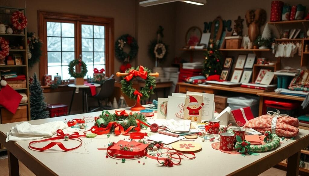 A cozy, well-lit workshop interior with a variety of creative Christmas-themed DIY projects in progress. In the foreground, a table is covered with an assortment of vibrant holiday-colored fabrics, ribbons, and embellishments. Carefully arranged in the middle ground are a half-finished wreath, a partially assembled holiday ornament, and a set of handcrafted Christmas cards. The background features a large window overlooking a snowy outdoor scene, allowing natural light to flood the space and cast a warm, festive glow. The overall atmosphere is one of focus, inspiration, and the joyful spirit of homemade holiday craftsmanship.