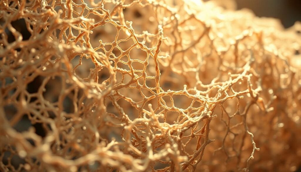 A detailed, close-up view of intricate, woven biological structures resembling a complex, organic textile. The foreground showcases the intricate pattern and texture of the engineered tissue, with individual fibers and strands intertwining in a captivating arrangement. The middle ground reveals the underlying framework and cellular components that make up this ingenious biomaterial. The background is softly blurred, placing the focus entirely on the innovative engineering on display. Warm, natural lighting casts subtle shadows, highlighting the depth and dimensionality of the tissue sample. The overall mood is one of scientific wonder and medical advancement, capturing the essence of this remarkable innovation in tissue engineering.