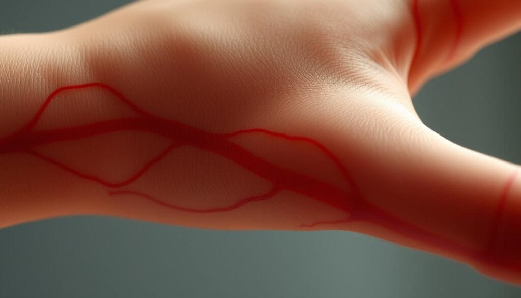A detailed close-up view of the delicate blood vessels visible beneath the transparent skin on a person's arm or hand. The capillaries and veins are rendered in intricate detail, showcasing their intricate network and subtle variations in color and thickness. The lighting is soft and diffused, creating a naturalistic, almost medical illustration-like quality. The background is blurred and muted, keeping the focus solely on the physiological subject matter. The overall mood is one of clinical fascination, highlighting the intriguing mechanisms underlying the human body's reaction to emotional stimuli.