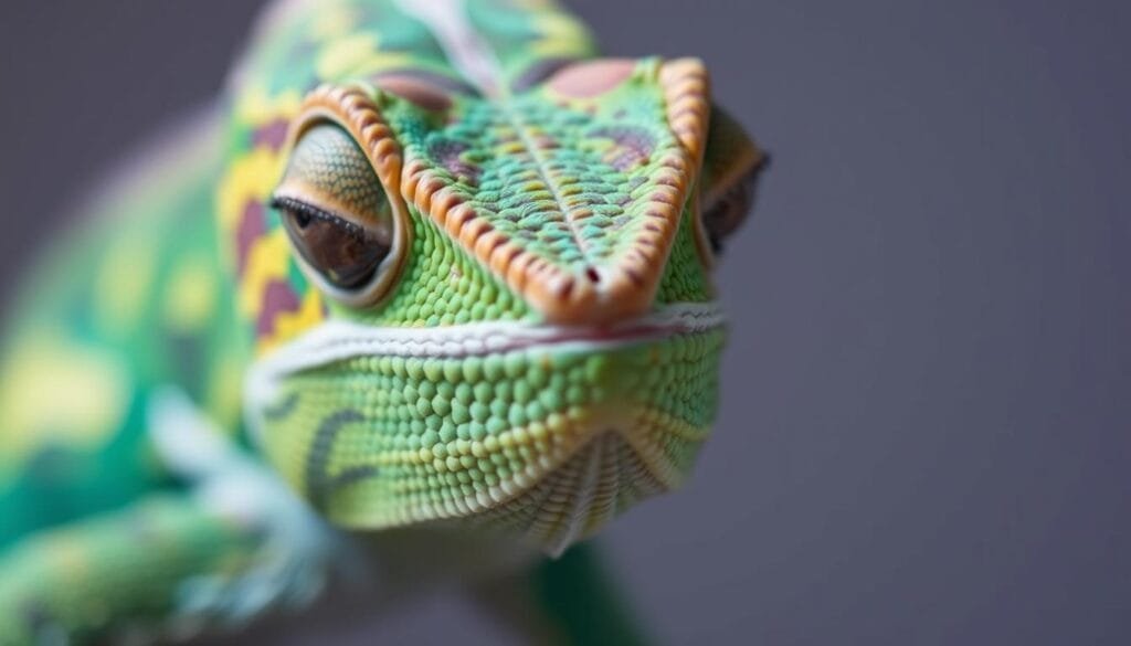 A detailed closeup of a chameleon's head, capturing the intricate visual communication patterns on its skin. The creature's eyes are alert and focused, its skin shifting through a spectrum of vibrant greens, blues, and yellows, creating a mesmerizing dance of color. The lighting is soft and diffused, highlighting the delicate texture and structure of the scales. The background is slightly blurred, keeping the chameleon as the central subject, emphasizing its expressive qualities and the important role color plays in its behaviors and interactions.