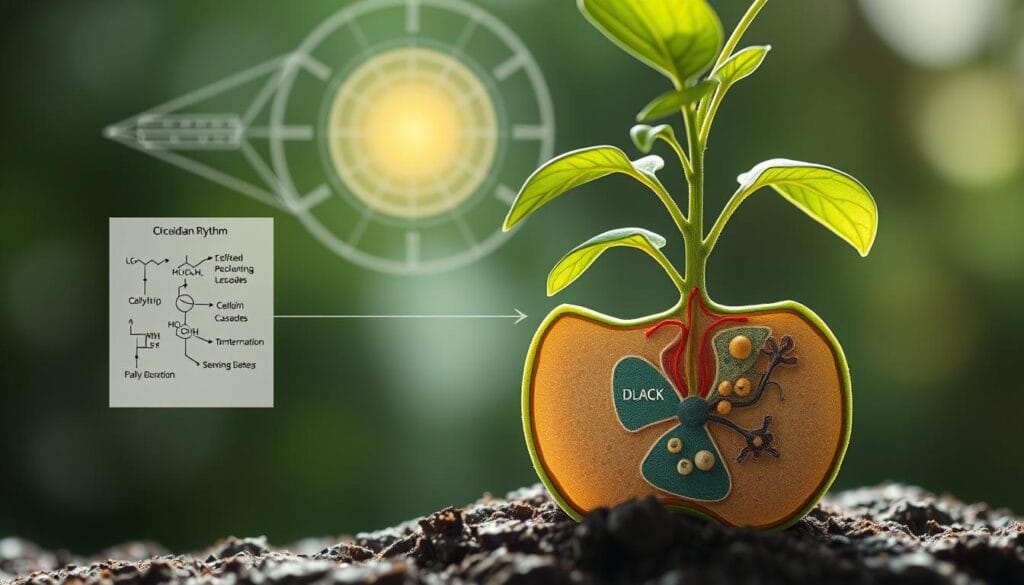 A detailed, cross-sectional illustration of a plant's circadian rhythm mechanism. In the foreground, a schematic diagram of the internal biochemical pathways and signaling cascades that regulate the plant's daily cycles of growth, movement, and metabolic activity. In the middle ground, a stylized rendering of the plant's cellular structure, with organelles and molecular components highlighted. In the background, an abstract, geometric representation of the environmental cues, such as light and temperature, that entrain and synchronize the plant's internal clock. The scene is illuminated by a soft, natural lighting that emphasizes the intricate, biomechanical nature of this essential physiological process. The overall impression is one of scientific rigor and biological complexity, capturing the essence of the "plant memory" and its responsiveness to tactile stimuli. A detailed, cross-sectional illustration of a plant's circadian rhythm mechanism. In the foreground, a schematic diagram of the internal biochemical pathways and signaling cascades that regulate the plant's daily cycles of growth, movement, and metabolic activity. In the middle ground, a stylized rendering of the plant's cellular structure, with organelles and molecular components highlighted. In the background, an abstract, geometric representation of the environmental cues, such as light and temperature, that entrain and synchronize the plant's internal clock. The scene is illuminated by a soft, natural lighting that emphasizes the intricate, biomechanical nature of this essential physiological process. The overall impression is one of scientific rigor and biological complexity, capturing the essence of the "plant memory" and its responsiveness to tactile stimuli.