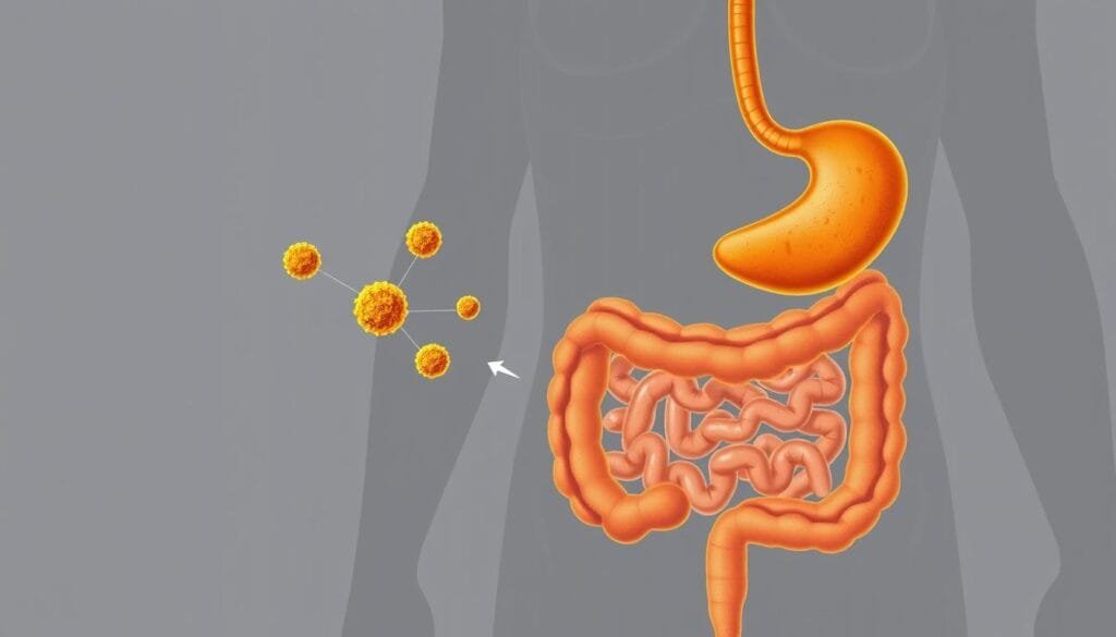 A detailed, cross-sectional illustration of the human digestive system, with a prominent focus on the curcumin compound and its anti-inflammatory effects. The image should depict the gastrointestinal tract, from the esophagus to the intestines, with curcumin molecules highlighted and interacting with various organs and processes. Use a clean, scientific style with muted colors, precise anatomical details, and a sense of inner workings and bodily functions. Capture the notion of curcumin's role in supporting digestive health and reducing inflammation through a visually engaging and informative composition.