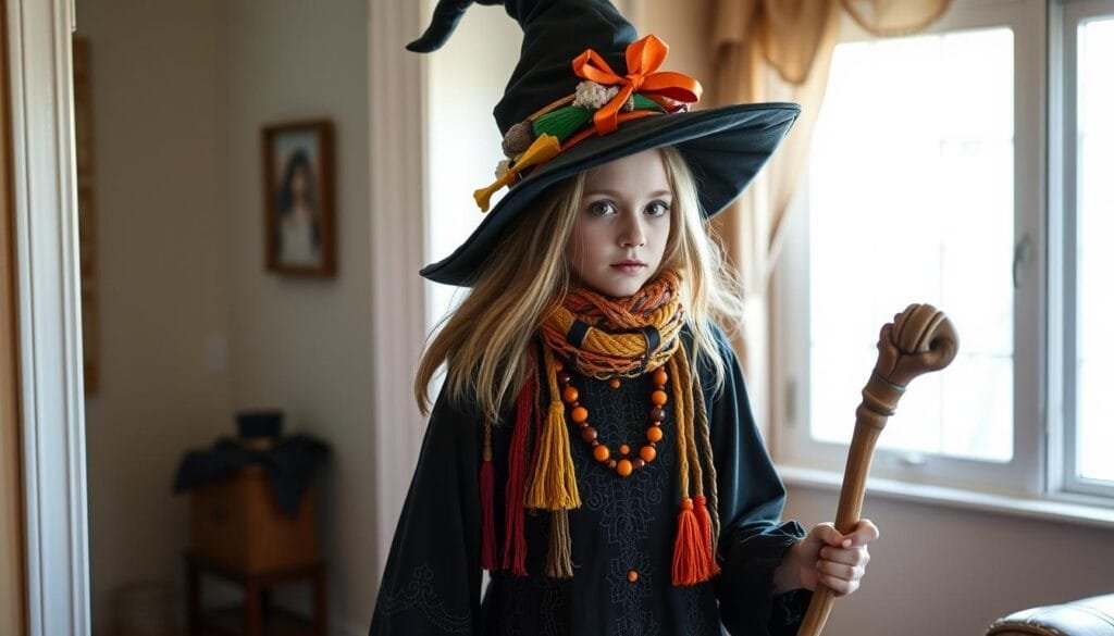 A detailed, homemade witch costume stands in a cozy, well-lit interior. The witch wears a long, black dress with intricate, hand-stitched patterns, and a tall, pointed hat adorned with ribbons and embellishments. Colorful, handmade accessories like a woven scarf, a beaded necklace, and a wand with a carved handle complete the ensemble. The costume exudes a warm, whimsical atmosphere, inviting the viewer to imagine the wearer casting spells and brewing potions in their own home. Soft, natural lighting from a nearby window highlights the textural details and homemade charm of the DIY witch's attire.