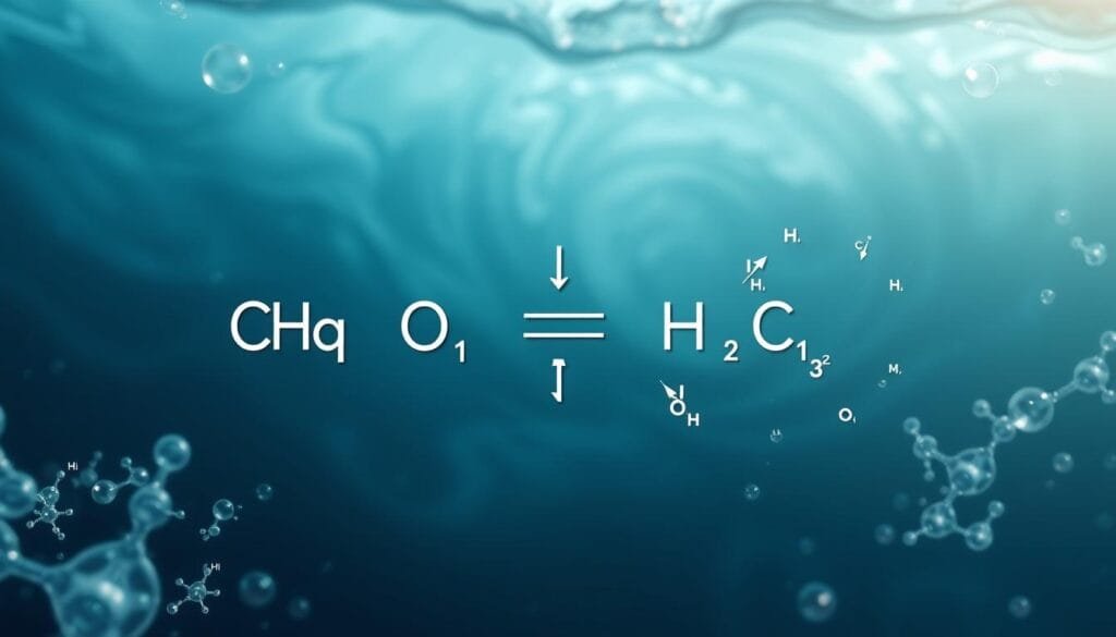 A detailed molecular-level depiction of the chemical reaction between carbon dioxide and water, forming carbonic acid. The foreground showcases the reactants and products, with clear visualization of the hydrogen, oxygen, and carbon atoms. The middle ground depicts the kinetic process, with arrows and particle motions illustrating the reaction mechanism. The background features a swirling, ethereal ocean environment, emphasizing the aquatic setting. The lighting is soft and diffused, creating a serene, scientific atmosphere. The camera angle is slightly elevated, providing an insightful, cross-sectional view of the chemical transformation. The overall mood evokes a sense of wonder and deeper understanding of the ocean's fundamental chemistry.