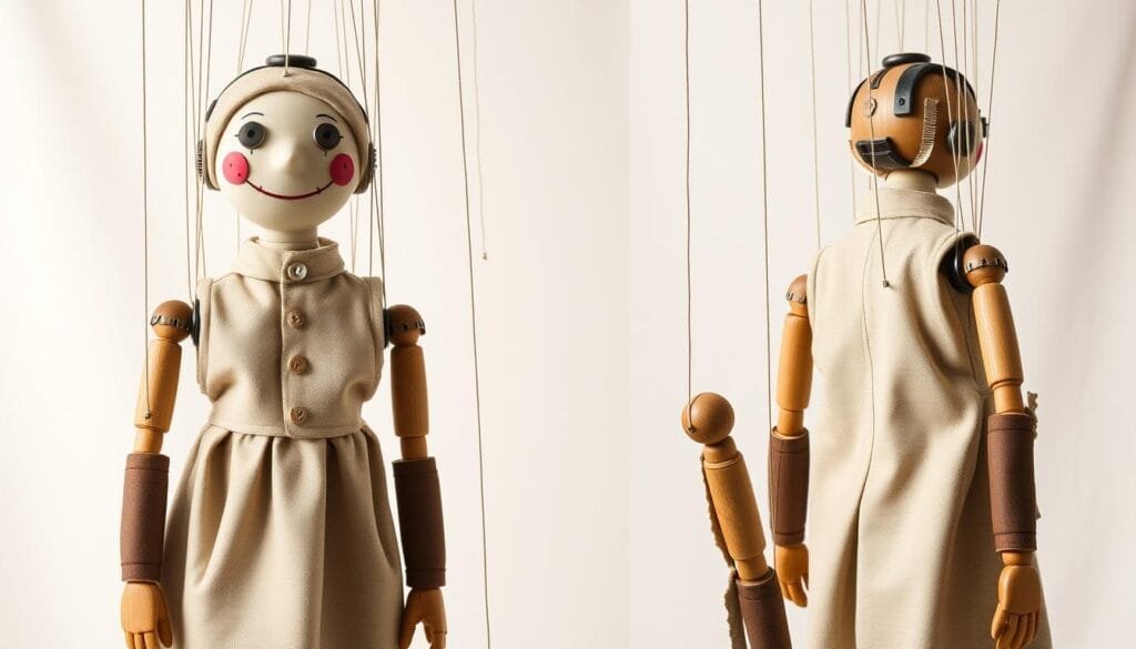 A detailed, step-by-step tutorial on how to create a string puppet costume, showcased in a well-lit, high-resolution studio photograph. The image should capture the costume from multiple angles, highlighting the intricate mechanical joints, wooden limbs, and cloth body. The puppet's face should have a whimsical, childlike expression, with button eyes and a painted smile. The background should be a plain, off-white seamless backdrop, allowing the puppet to stand out and draw the viewer's attention. The lighting should be soft and even, with subtle highlights accentuating the puppet's unique features and textures. The overall aesthetic should convey a sense of handcrafted charm and vintage-inspired elegance, befitting the Halloween-themed DIY costume tutorial.