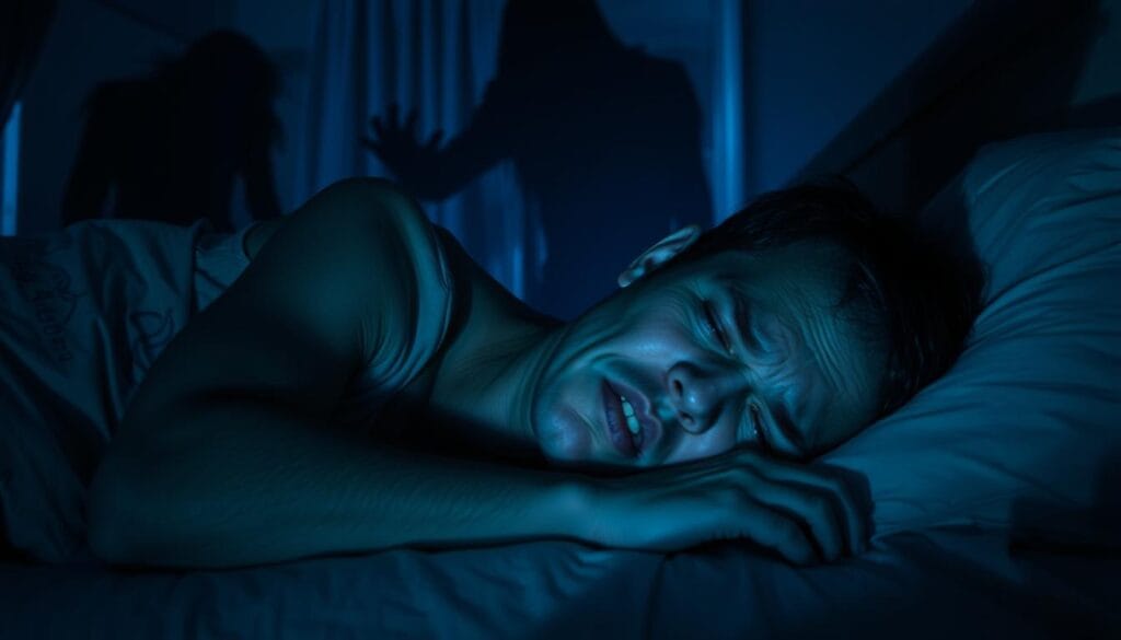 A dimly lit bedroom at night, with a person lying restlessly on the bed, their expression contorted in a mixture of fear and discomfort. The scene is bathed in an eerie, bluish light, creating an atmosphere of unease and tension. Shadowy figures loom in the background, hinting at the unseen forces that plague the sleeper's mind. The focus is on the person's head, which appears to be on the verge of "exploding," with a sense of pressure and strain visible in their features. The overall mood is one of a surreal and unsettling dreamscape, capturing the essence of the "Exploding Head Syndrome" phenomenon. A dimly lit bedroom at night, with a person lying restlessly on the bed, their expression contorted in a mixture of fear and discomfort. The scene is bathed in an eerie, bluish light, creating an atmosphere of unease and tension. Shadowy figures loom in the background, hinting at the unseen forces that plague the sleeper's mind. The focus is on the person's head, which appears to be on the verge of "exploding," with a sense of pressure and strain visible in their features. The overall mood is one of a surreal and unsettling dreamscape, capturing the essence of the "Exploding Head Syndrome" phenomenon.