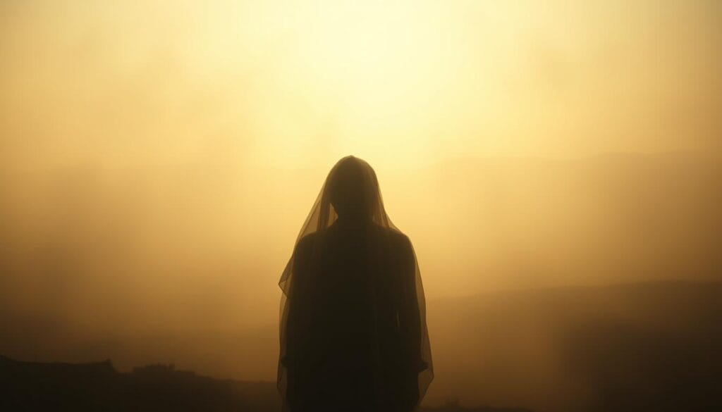 A dimly lit, dreamlike scene of a forgotten memory emerging from the subconscious. In the foreground, a ghostly, translucent figure, its features obscured, hovers against a hazy, indistinct backdrop. The middle ground is shrouded in a mist-like atmosphere, with faint, half-remembered shapes and impressions. The background is a blurred, abstract landscape, suggesting the depths of the mind. Soft, warm lighting filters through, casting a subtle glow and lending an air of mystery and introspection. The overall impression is one of a hidden, buried recollection slowly coming to the surface, hinting at the phenomenon of cryptomnesia.