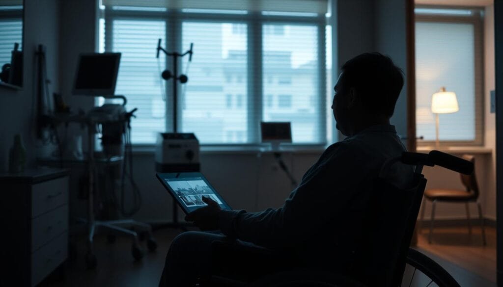 A dimly lit hospital room, soft light filtering through the blinds. In the foreground, a patient seated in a wheelchair, their gaze fixed on the static images displayed on a tablet before them. The middle ground reveals medical equipment and assistive devices, while the background showcases the subtle adaptations made to the room's design to accommodate the patient's needs. The scene conveys a sense of tranquility and the patient's determination to navigate their daily life despite the challenges posed by the inability to perceive motion.