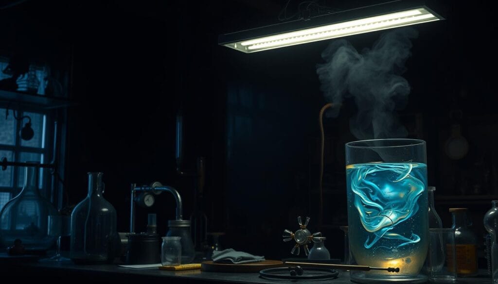 A dimly lit laboratory setting, with an array of peculiar scientific instruments and apparatus arranged on a cluttered workbench. In the foreground, a glass vessel filled with a swirling, iridescent liquid, casting an otherworldly glow across the scene. The background is shrouded in shadows, hinting at mysterious, unexplored realms. Overhead, a single, flickering fluorescent light casts an eerie, subdued illumination, creating a sense of unease and the unknown. The overall atmosphere evokes a feeling of scientific exploration, teetering on the edge of the bizarre and the extraordinary - an "experimento jamais vu," a never-before-seen experiment.