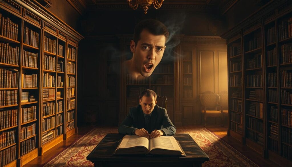 A dimly lit, ornate study with bookshelves lining the walls. In the center, a scholar sits at a wooden desk, their eyes wide open as they ponder an ancient text. Floating above the desk, a spectral image of a person violently sneezing, their eyes straining to remain open against the force of the sneeze. The room is bathed in a warm, sepia-toned light, creating an atmosphere of contemplation and mystery. The scene suggests the historical origins and enduring nature of the urban legend surrounding the inability to sneeze with open eyes.