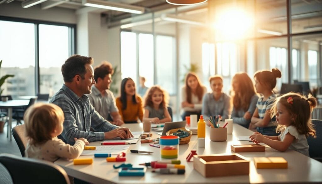 A dynamic and engaging office setting with a group of working parents gathered around a conference table, engaged in a lively discussion. The scene is bathed in warm, natural lighting that filters in through large windows, casting a soft glow on the faces of the participants. In the foreground, a father is gesturing animatedly, sharing ideas with his coworkers, while his children play happily in the background, toys and art supplies scattered across the floor, reflecting the family-friendly atmosphere. The middle ground showcases the diverse personalities of the working parents, each contributing unique perspectives to the conversation. The background features a modern, open-concept office design with minimalist decor, allowing the focus to remain on the central activity. The overall mood is one of productive collaboration, work-life balance, and a celebration of fatherhood in the workplace.