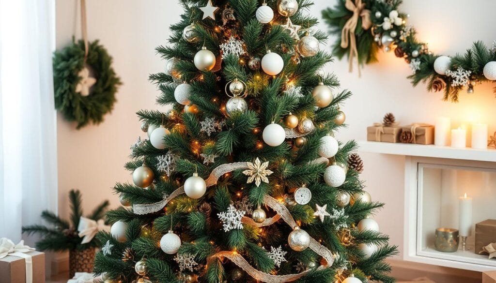 A festive and budget-friendly Christmas scene with a beautifully decorated Christmas tree as the focal point, surrounded by simple yet creative DIY ornaments, garlands, and other handmade decorations. Soft, warm lighting casts a cozy glow, while a minimalist yet elegant color palette of natural greens, whites, and metallic accents creates a serene, inviting atmosphere. In the background, subtle hints of holiday traditions like candles, pine cones, and wrapped gifts add depth and character to the composition. The overall mood is one of warmth, simplicity, and humble holiday cheer, perfectly capturing the essence of an economical yet stylish Christmas decor.