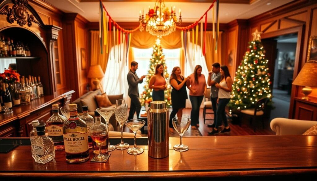 A festive living room, bathed in warm golden light, with an ornate wooden bar dominating the foreground. Bottles of premium liquor, polished glassware, and a sleek cocktail shaker stand ready for the party. In the middle ground, a group of friends laughingly arrange vibrant floral centerpieces and colorful streamers, preparing the space for a lively celebration. The background reveals a tastefully decorated Christmas tree, its twinkling lights reflecting off the glossy hardwood floors. An atmosphere of anticipation and merriment permeates the scene, inviting the viewer to imagine the revelry to come.