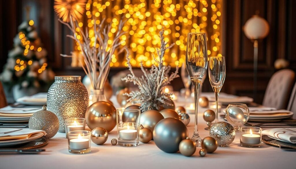 A festive table adorned with a variety of decorative accents, including shimmering metallic centerpieces, sparkling tealight candles, and elegant glass ornaments. The tabletop is bathed in a warm, golden glow from strategically placed lighting, creating a cozy and inviting atmosphere. The overall aesthetic is sophisticated and celebratory, perfectly capturing the essence of a New Year's Eve gathering. The scene is captured from a mid-level angle, allowing for a comprehensive view of the meticulously styled table setting.