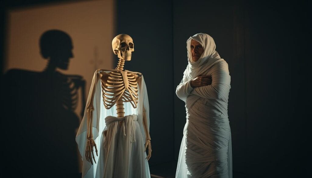A full-length, well-lit photograph of a skeleton and mummy figure dressed in flowing white robes, standing in an eerie, dimly-lit room with shadows cast across the walls. The skeleton's bony frame is visible through the translucent fabric, its empty eye sockets and grinning jawbone creating a haunting, supernatural presence. The mummy's bandages are partially unwrapped, revealing a glimpse of the wrapped figure beneath. The lighting casts dramatic shadows, heightening the sense of mystery and the macabre. The scene evokes the transformation from mummy to skeleton, illustrating the "Del momia al esqueleto" theme with a captivating, otherworldly atmosphere.