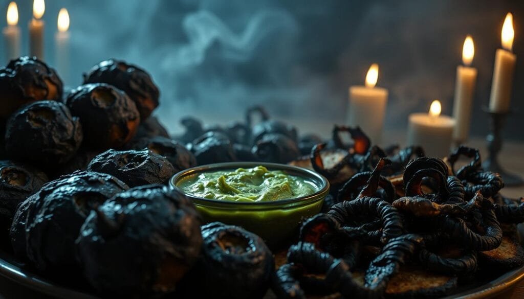 A ghastly array of savory snacks crawling with sinister details. In the foreground, a platter of gnarled, blackened bread rolls, their surfaces pockmarked with unsettling textures. Beside them, a bowl of bubbling, neon-green dip, its viscous surface roiling with unseen horrors. In the middle ground, a scattering of charred, twisted crackers, their edges sharp and jagged like fangs. The background cloaked in an ominous, shadowy haze, punctuated by the faint glow of flickering candles. An eerie, unearthly atmosphere permeates the scene, hinting at the macabre delights that await the brave souls who dare to indulge.