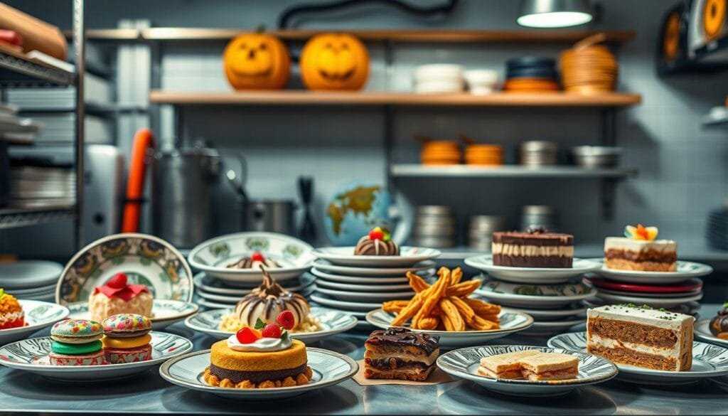 A global array of adaptable plates, each showcasing a unique international dessert or snack. The foreground features an assortment of vibrant, ornately decorated treats - from colorful macarons and Thai mango sticky rice to Mexican churros and Italian tiramisu. The middle ground displays the plates themselves, handcrafted with intricate patterns and textures that evoke global culinary traditions. In the background, a softly lit kitchen setting with metal racks, wooden shelves, and subtle shadows, evoking a professional, yet homey atmosphere. The lighting is warm and inviting, casting a cozy glow over the entire scene. The overall mood is one of cultural fusion, culinary creativity, and a spirit of inclusive, adaptable Halloween festivities.