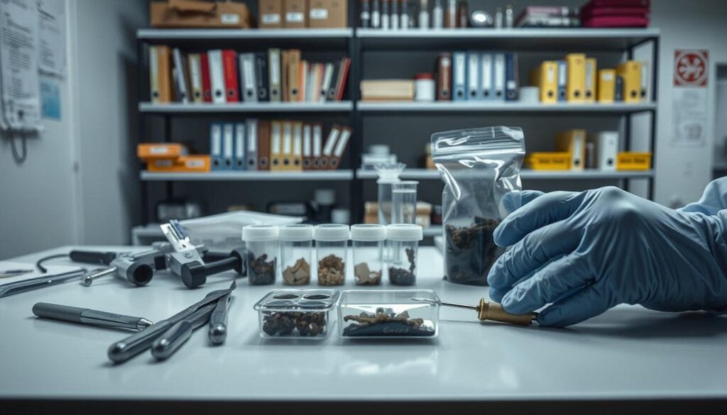 A high-contrast, close-up view of forensic analysis equipment and samples on a sterile, well-lit examination table. In the foreground, a set of precision tools, gloves, and evidence bags are neatly arranged. In the middle ground, several sealed containers hold bone fragments, soil samples, and other crime scene materials. The background features a wall of shelves stocked with reference books, test tubes, and other forensic instruments, conveying a sense of scientific rigor and attention to detail. The overall atmosphere is one of meticulous investigation, with a subdued, serious mood befitting the gravity of the subject matter.