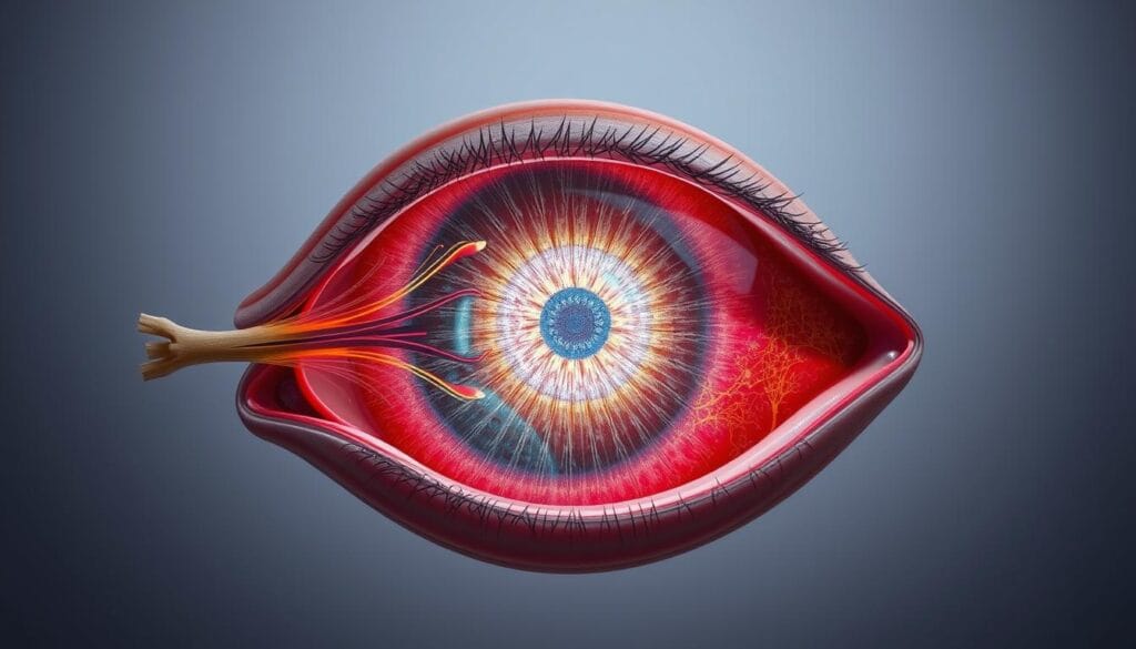 A highly detailed and anatomically accurate cross-section of the human eye, showcasing the optic nerve and macula. The optic nerve is depicted in vivid detail, its intricate fibers and connections clearly visible. The macula, the area of the retina responsible for central vision, is prominently featured, with its distinct shape and structure meticulously rendered. The image is illuminated by soft, diffused lighting, creating a sense of depth and dimensionality. The background is a muted, neutral tone, allowing the ocular structures to take center stage. The overall composition is balanced and visually striking, effectively illustrating the role of the optic nerve and macula in visual perception.