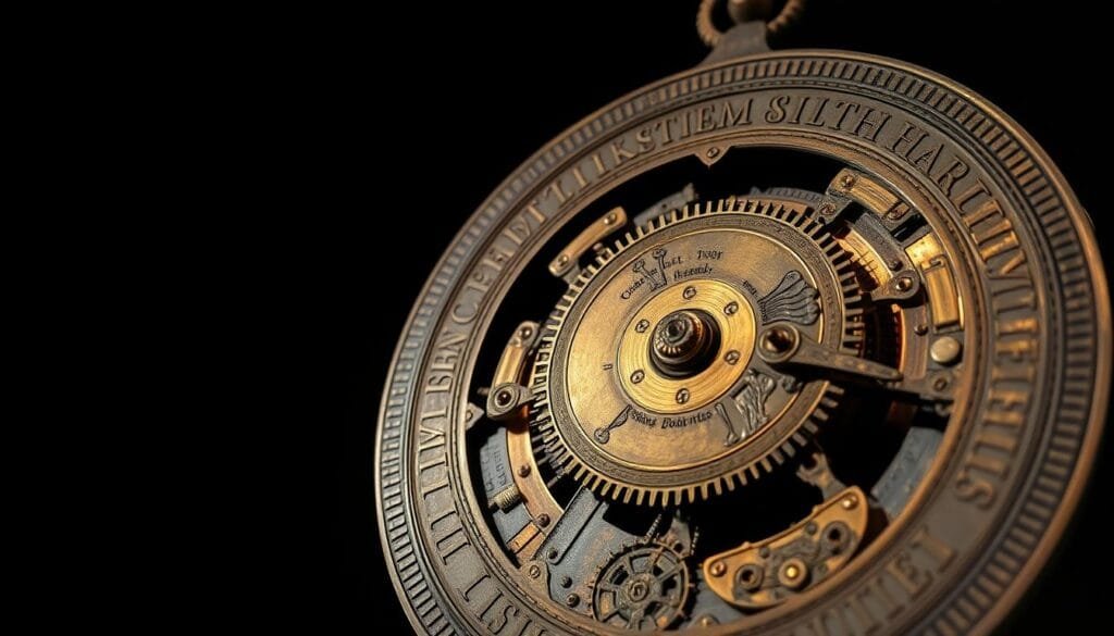 A highly detailed, close-up view of the "Antikythera mechanism", an ancient Greek mechanical device from the 2nd century BC. Showcased against a dark, moody backdrop, the intricate bronze gears, dials, and inscriptions are illuminated by dramatic, directional lighting, highlighting its remarkable engineering and historical significance. The mechanism's sophisticated design, with precisely fitted components, conveys a sense of awe and wonder at the technological prowess of its creators, challenging our understanding of the ancient world.
