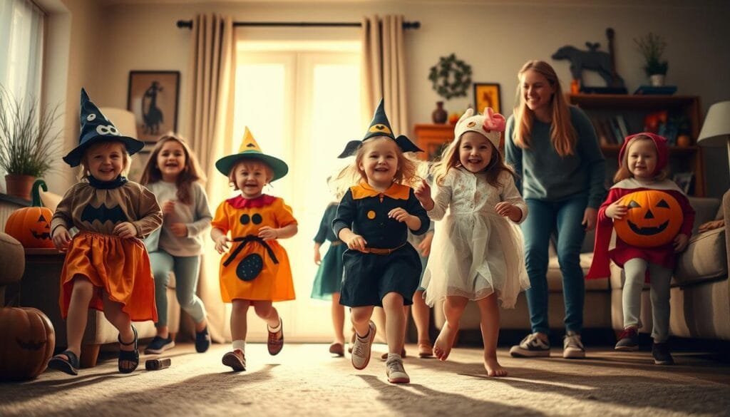 A lively group of children dressed in homemade Halloween costumes, playing safely in a cozy, well-lit living room. The costumes are creative yet practical, made from recycled materials like cardboard, fabric scraps, and non-toxic paints. The children's expressions are joyful as they move through the scene, their safety ensured by the attentive, smiling parents nearby. Warm, diffused lighting casts a welcoming glow, and the background features simple, festive decor that complements the handmade feel of the costumes. An atmosphere of familial comfort and responsible DIY fun pervades the image.