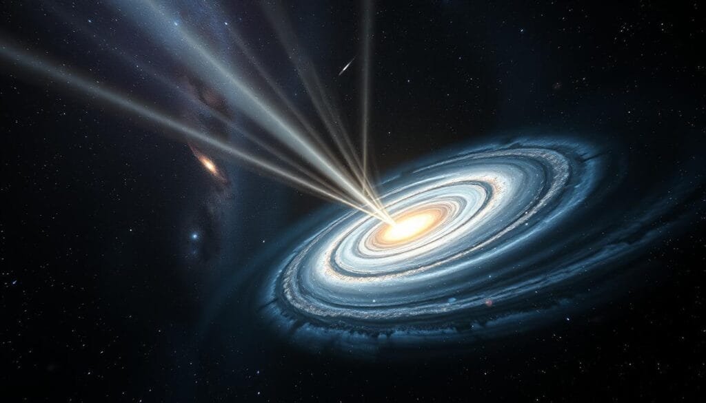 A majestic cosmic scene of the "Discovery of the Cosmic Focal Point". In the foreground, a swirling galaxy takes center stage, its spiral arms elegantly unfurling against a dark, starry backdrop. Beams of celestial light radiate from a central, luminous anomaly - the mysterious "Great Attractor" pulling our galaxy through the void. In the middle ground, distant galaxies and nebulae dot the expansive space, hinting at the grand scale of this cosmic phenomenon. A sense of mystery and awe permeates the atmosphere, as if capturing the moment of this profound discovery. Dramatic lighting casts long shadows, emphasizing the depth and grandeur of this cosmic revelation. Shot with a wide-angle lens to convey the enormity of the scene, this image encapsulates the essence of the "History and Discovery of the Great Attractor".