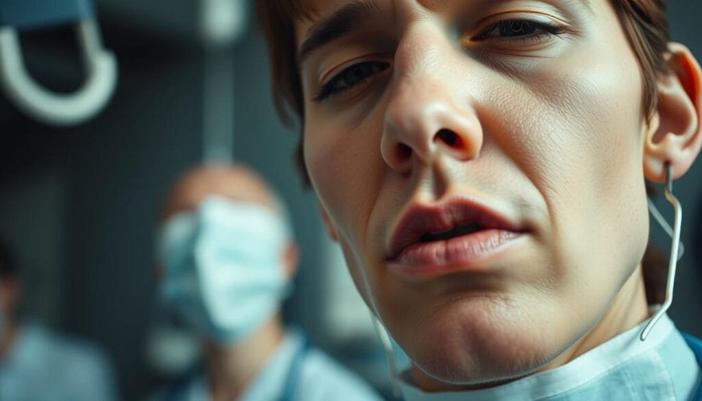 A medical ward with a close-up view of a patient's face, their expression conveying a slight discomfort as they attempt to contain a sneeze. The lighting is soft and natural, highlighting the subtle tension in the subject's features. The background is blurred, drawing the viewer's attention to the central moment. The angle is slightly tilted, adding a sense of tension and dynamism to the scene. The overall mood is one of clinical observation, capturing the essence of a real-life medical case study.