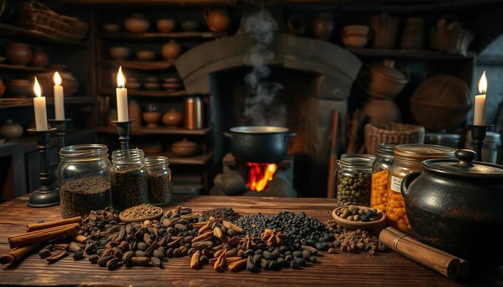 A medieval kitchen interior, dimly lit by flickering candles. In the foreground, a wooden table displays an array of spices - whole cloves, cinnamon sticks, peppercorns, and more. Jars and clay pots hold a variety of preserved foods, their labels indistinct. In the middle ground, a cast-iron pot simmers over an open hearth, steam rising in wisps. The background shows shelves of earthenware bowls, baskets, and woven textiles, hinting at the preparation and storage of ingredients common in the medieval era. The scene evokes a sense of rustic simplicity and the flavors of the past.