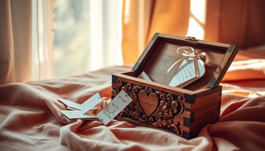 A meticulously crafted wooden box with an intricate floral and heart-shaped pattern carved onto its surface. The box rests on a soft, warm-toned fabric, creating a romantic and intimate atmosphere. Sunlight filters in through a nearby window, casting a gentle glow and gentle shadows across the scene. A series of handwritten love notes, tied with delicate ribbons, spill out from the open box, hinting at the deeply personal and thoughtful contents within. The overall composition evokes a sense of tenderness, intimacy and the thoughtful gestures of a romantic celebration.