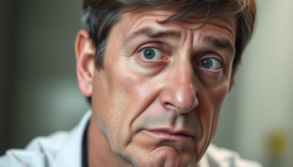 A middle-aged person with a puzzled, slightly disoriented expression, their head tilted slightly to one side, as if listening intently. The face is the focal point, with soft, directional lighting illuminating the features and emphasizing the subtle changes in expression. The background is blurred, hinting at a clinical or medical setting, creating a sense of isolation and introspection. The overall mood is one of subtle unease and curiosity, reflecting the "foreign accent syndrome" described in the article section.