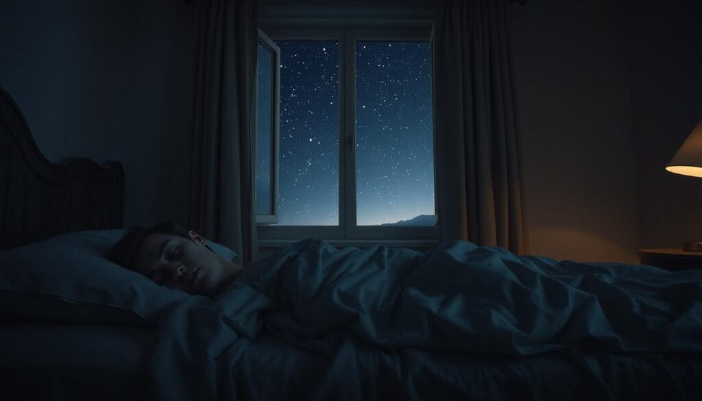 A peaceful bedroom scene at night, dimly lit by a soft, warm glow. In the foreground, a person lying in bed, their expression serene yet slightly troubled, as if experiencing a sudden jolt or startling sound just before drifting off to sleep. The bedding is rumpled, hinting at restlessness. In the middle ground, an open window allows a gentle breeze to enter, the curtains gently swaying. Outside, the night sky is filled with a scattering of stars, casting a tranquil, contemplative mood. The overall atmosphere evokes the subtle yet unsettling experience of the "exploding head syndrome," a sleep-related phenomenon. A peaceful bedroom scene at night, dimly lit by a soft, warm glow. In the foreground, a person lying in bed, their expression serene yet slightly troubled, as if experiencing a sudden jolt or startling sound just before drifting off to sleep. The bedding is rumpled, hinting at restlessness. In the middle ground, an open window allows a gentle breeze to enter, the curtains gently swaying. Outside, the night sky is filled with a scattering of stars, casting a tranquil, contemplative mood. The overall atmosphere evokes the subtle yet unsettling experience of the "exploding head syndrome," a sleep-related phenomenon.