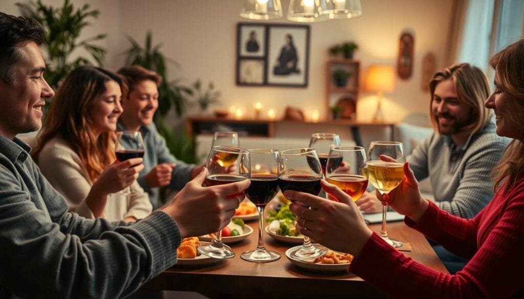 A peaceful, well-lit scene of a group of friends gathered around a table, engaging in a responsible alcohol consumption ritual. In the foreground, glasses of wine or beer are being held thoughtfully, not recklessly. The middle ground features a spread of appetizers and snacks, encouraging moderation and mindfulness. In the background, a warm, cozy living room or dining area sets the tone, with soft lighting, plants, and tasteful decor. The overall atmosphere conveys a sense of intentionality, balance, and social connection, rather than mindless indulgence.