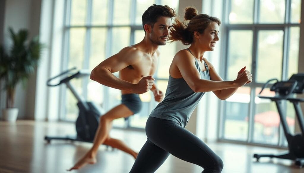 A person performing moderate exercise, their body in motion, muscles engaged, as they build strength and boost their immune system. The scene is set in a bright, airy gym with large windows, natural light filtering in. The figure is captured mid-stride, arms pumping, legs driving forward, expression focused yet energized. The background is slightly blurred, emphasizing the subject's dynamic movement. Subtle details like sweat beading on the skin and a determined gaze convey the physical exertion and health benefits of this moderate workout routine.