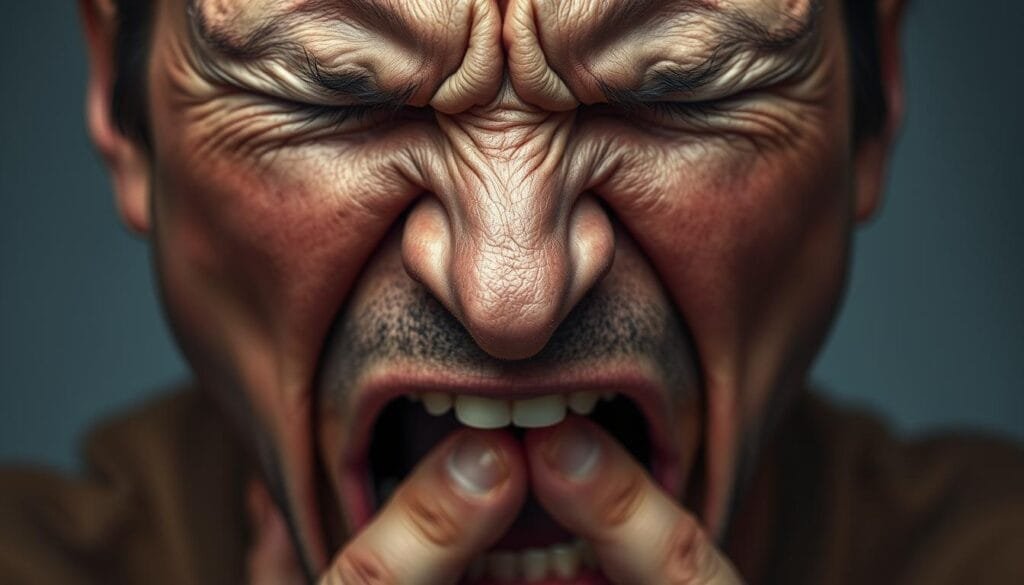 A person's face contorted in pain, eyes shut tight, mouth open in a forceful exhale, as they struggle to contain a powerful sneeze. The veins in their neck are visibly strained, and their brow is furrowed with the exertion. The scene is captured in a close-up, hyper-realistic style, with dramatic lighting casting dramatic shadows across the subject's features. The background is blurred, keeping the focus solely on the intense physical effort of the sneeze containment. The overall mood is one of tension and discomfort, emphasizing the potential dangers of holding in a sneeze.
