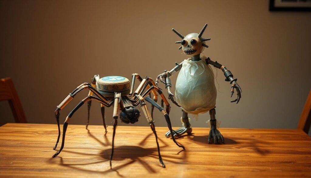 A recycled spider and monster costume standing proudly on a wooden table, illuminated by soft, warm lighting that casts gentle shadows. The intricate spider design is crafted from repurposed cardboard, wire, and fabric scraps, its multiple legs extending outward. Beside it, a monstrous figure emerges, its bulbous body and gnarled limbs assembled from discarded materials - tubes, bottles, and discarded bits of plastic. The scene exudes a sense of whimsical ingenuity, capturing the magic of homemade Halloween costumes made from everyday recycled items.