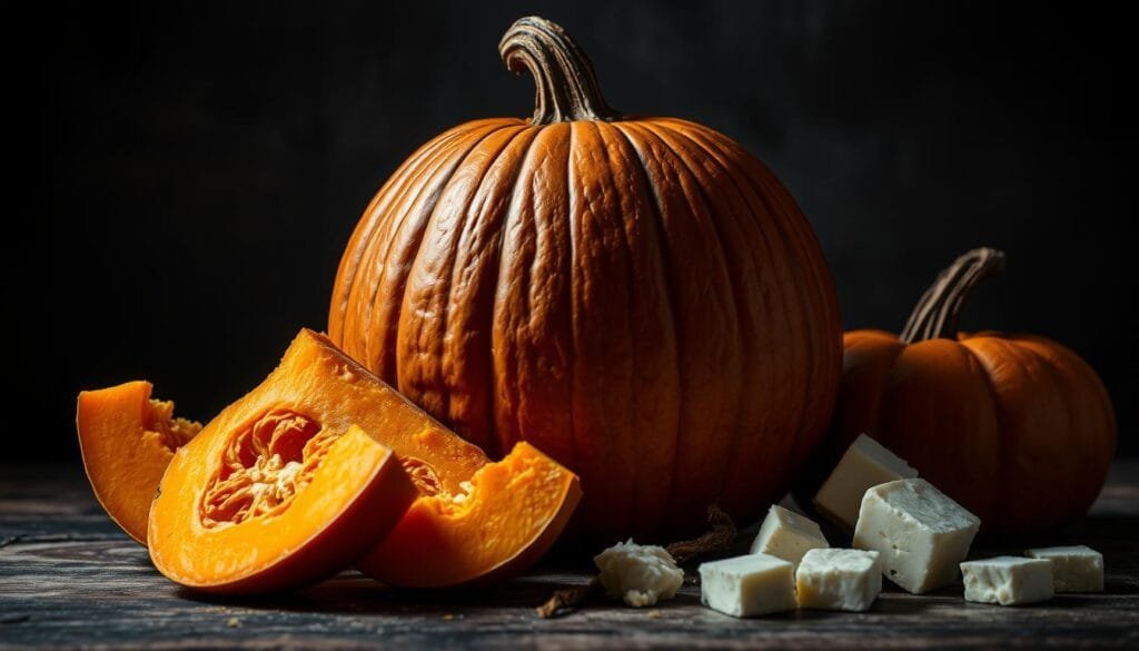 A rustic still life composition displaying the key ingredients for a spooky Halloween treat - a whole pumpkin, sliced wedges of orange pumpkin flesh, and chunks of creamy white cheese. The pumpkin is set against a dark, moody backdrop that casts dramatic shadows, creating an ominous, eerie atmosphere. Warm, dramatic lighting illuminates the textural details of the pumpkin's surface and the soft, inviting cheese. The composition is balanced and visually engaging, with the items arranged in a way that highlights their connection and the seasonal theme. The overall mood is one of autumnal harvest and the anticipation of Halloween.
