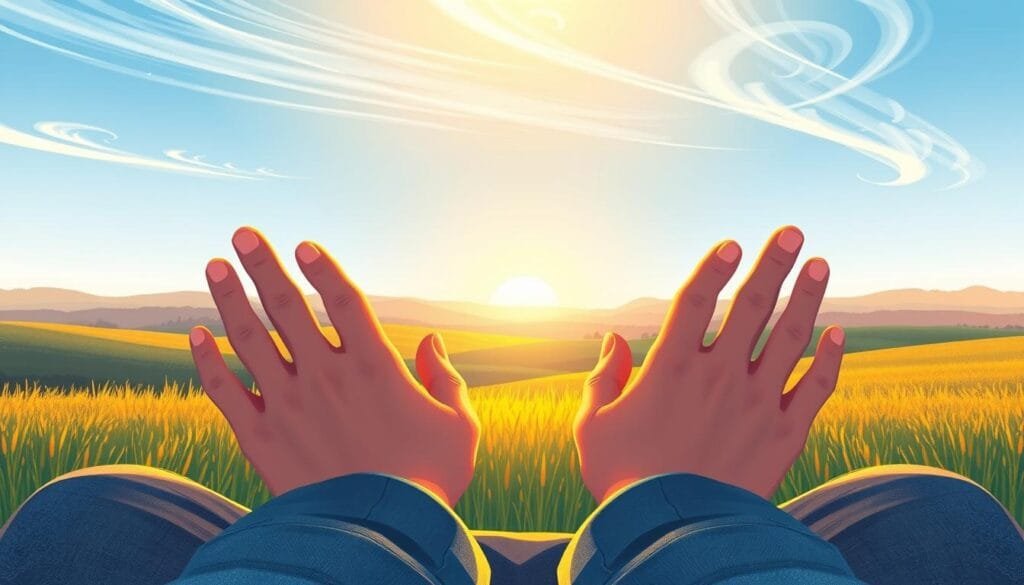 A serene and calming illustration showcasing the "4-7-8 breathing technique." In the foreground, a person's hands resting comfortably on their lap, with a soft, warm light illuminating their palms. In the middle ground, a tranquil scene of a peaceful meadow, with rolling hills and a distant horizon bathed in a golden glow. The background features a clear, azure sky with wispy clouds, conveying a sense of openness and clarity. The overall mood is one of relaxation, focus, and inner harmony, perfectly capturing the essence of this mindful breathing exercise.
