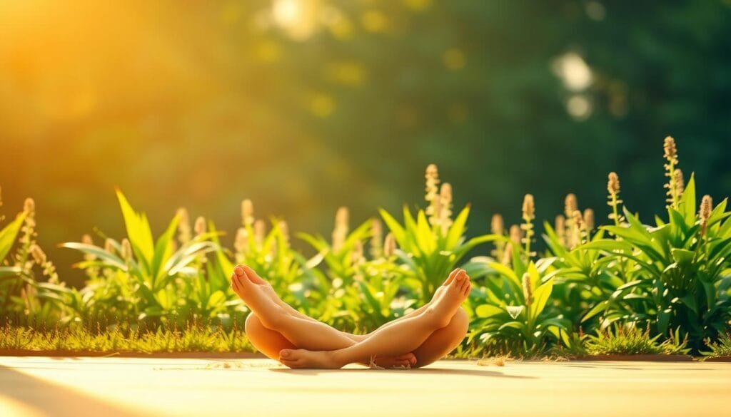 A serene and calming scene of a person sitting cross-legged, eyes closed, engaged in deep meditation while soothing instrumental music plays in the background. The subject is bathed in warm, natural lighting, creating a sense of tranquility and inner peace. The middle ground features a variety of lush, verdant plants, suggesting a tranquil, nature-inspired setting. The background blurs softly, allowing the viewer to focus on the central figure and the calming musical elements. The overall composition conveys the physical and emotional benefits of music in reducing blood pressure and pain.
