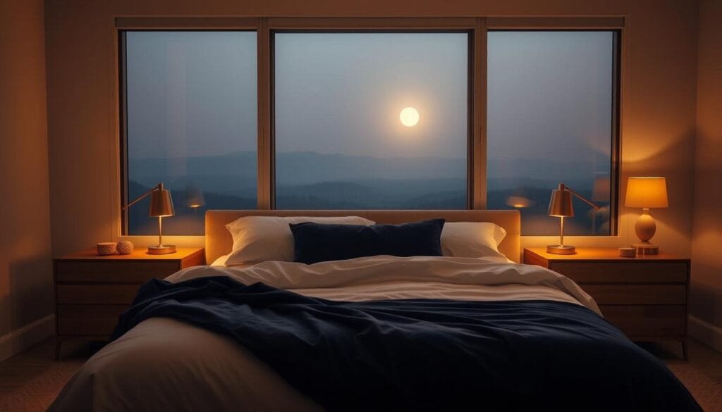 A serene and tranquil bedroom scene, bathed in warm, golden lighting. In the foreground, a comfortable bed with crisp, white linens and a plush, navy blue comforter. Elegant, minimalist nightstands flank the bed, each with a single, softly glowing lamp. In the middle ground, a large window overlooks a peaceful, moonlit landscape, creating a calming, contemplative atmosphere. The background is filled with muted, earthy tones, suggesting a sense of grounding and stability. The overall scene conveys a consistent, restorative sleep routine, promoting a peaceful and rejuvenating night's rest.